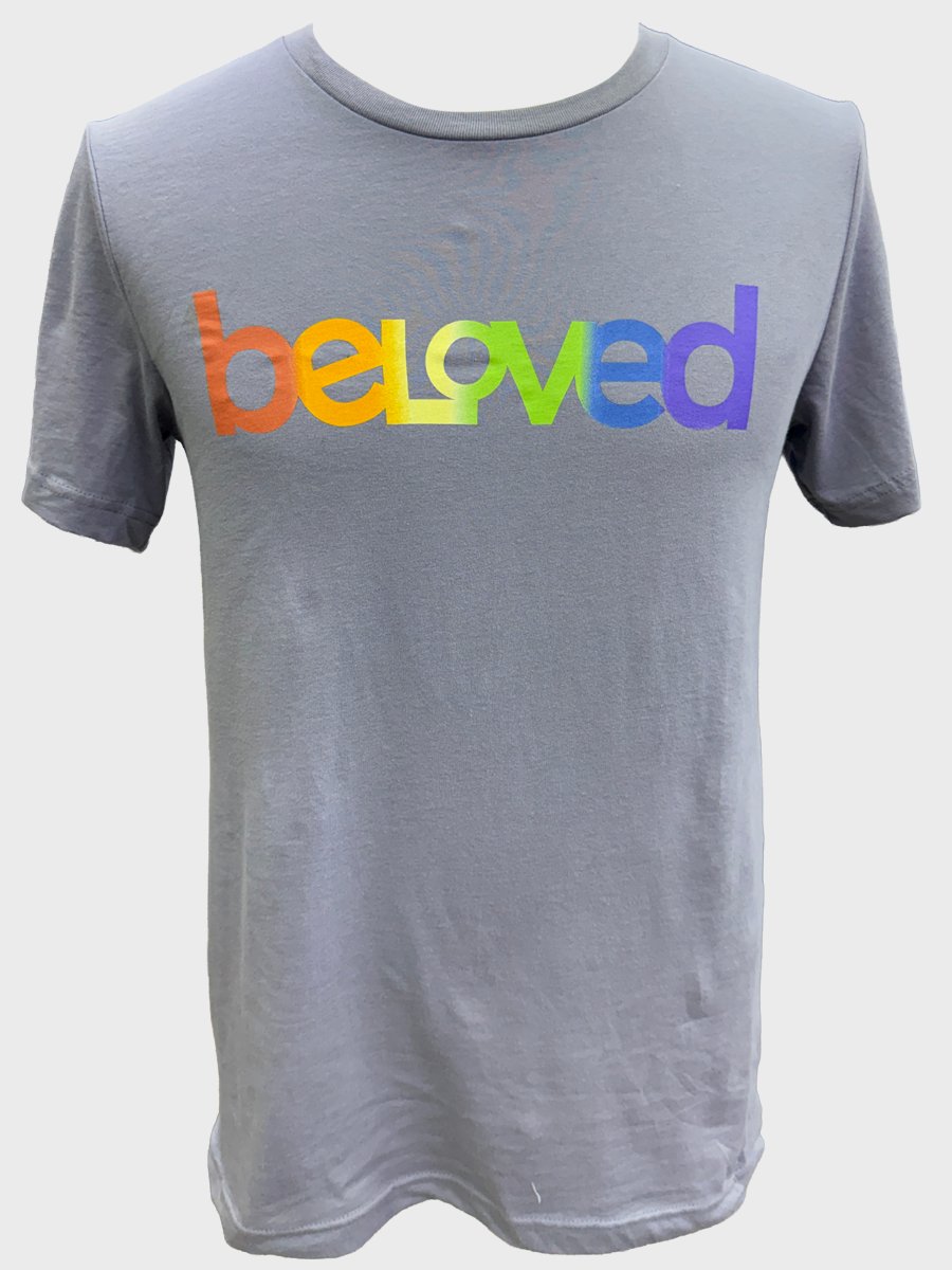 Gray T-shirt with a rainbow beloved print