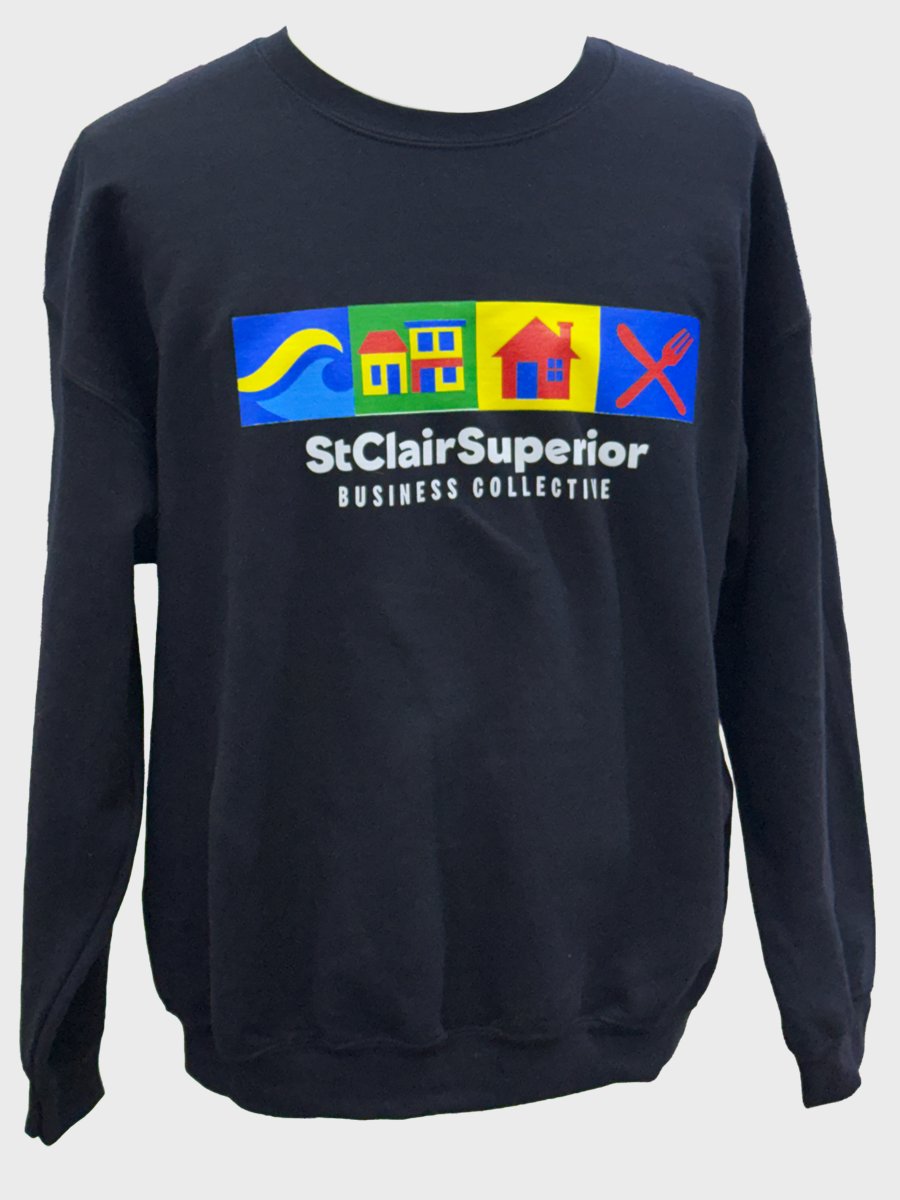 Black crewneck sweatshirt with the St. Clair Superior Business Collective logo