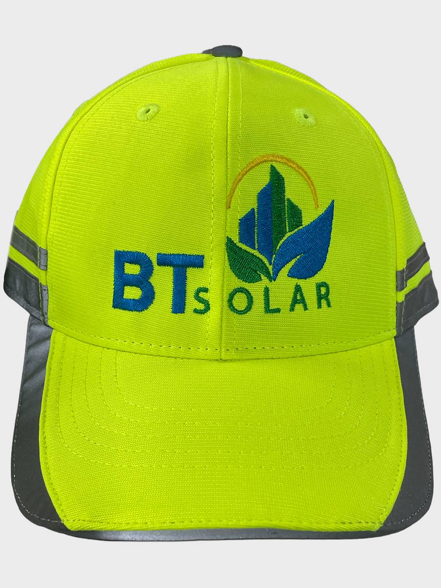 Hi-vis yellow cap embroidered with the BT Solar logo