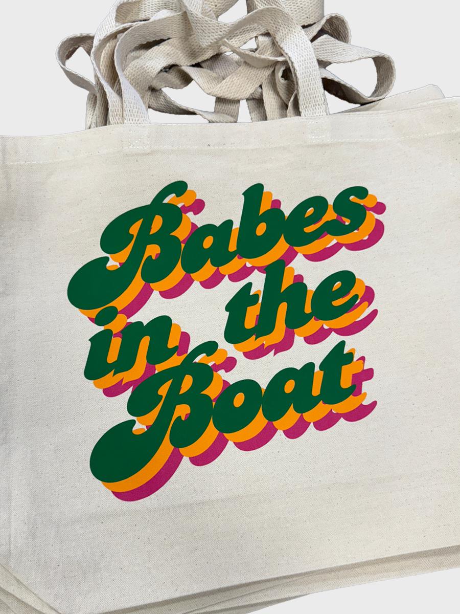 Canvas tote bags printed with Babes in the Boat